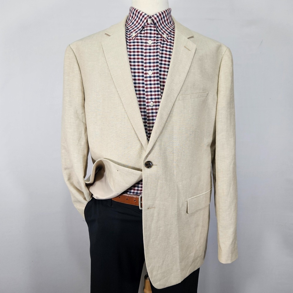 Merona Men's Sport Coat Blazer‎ Two Button Beige Solid Linen Blend Size XL SLIM